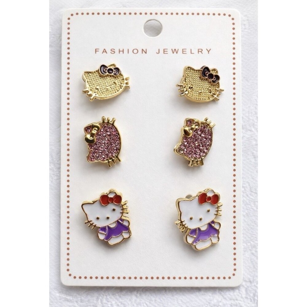 HELLO KITTY Karomi 6 PC Set Gold-Tone Rhinestone Stud Earrings Colorful NEW